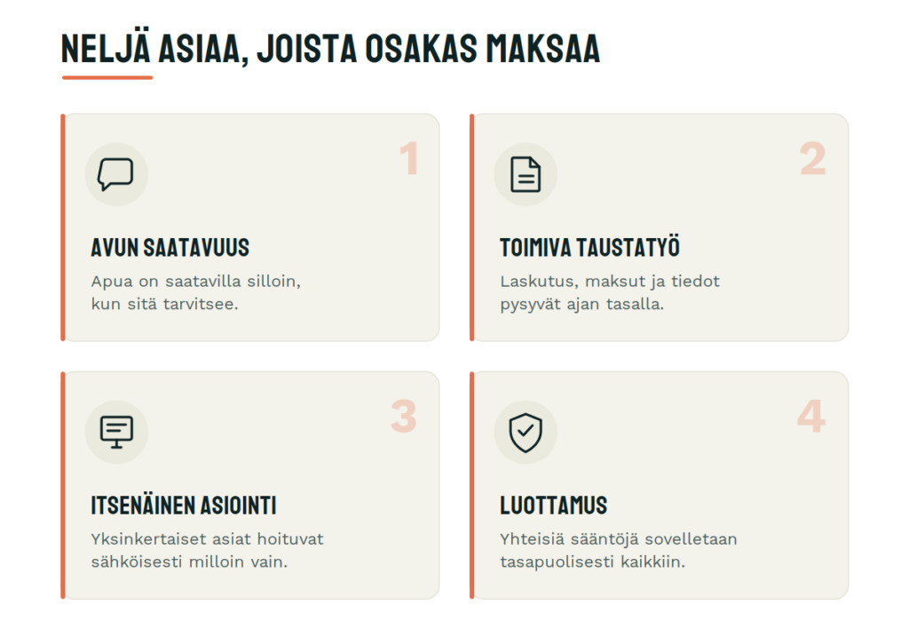 Isännöinnin hinnan neljä rakennuspalikkaa: isännöinti, taloushallinto ja asiakaspalvelu, asiantuntijatyöt, sähköiset työkalut ja muut palvelun tuottamisen kustannukset.